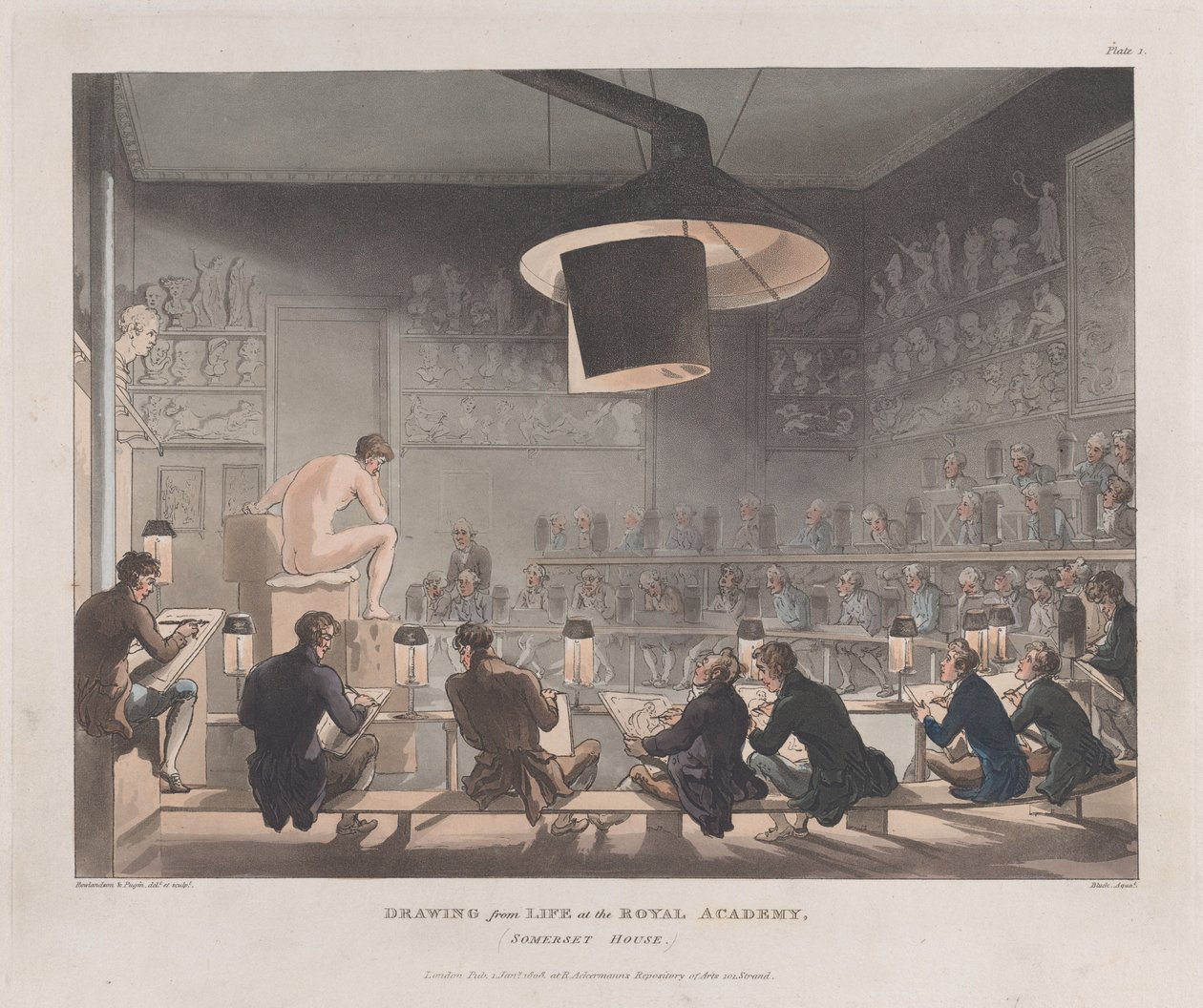 Desenho de Life at the Royal Academy, Somerset House, 1º de janeiro de 1808., 1º de janeiro de 1808. de J. Bluck