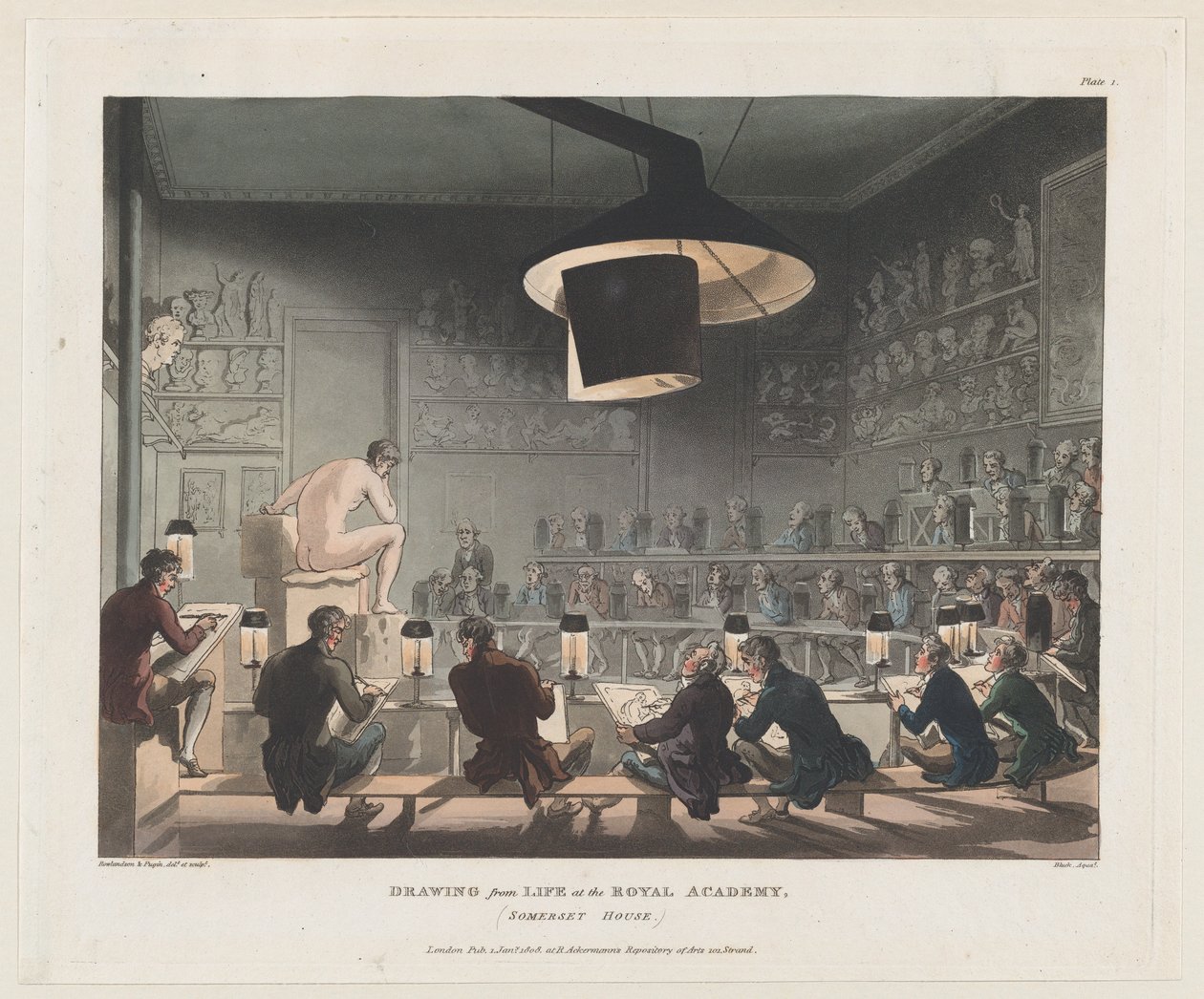Desenho de Life at the Royal Academy, Somerset House, 1º de janeiro de 1808., 1º de janeiro de 1808. de J. Bluck