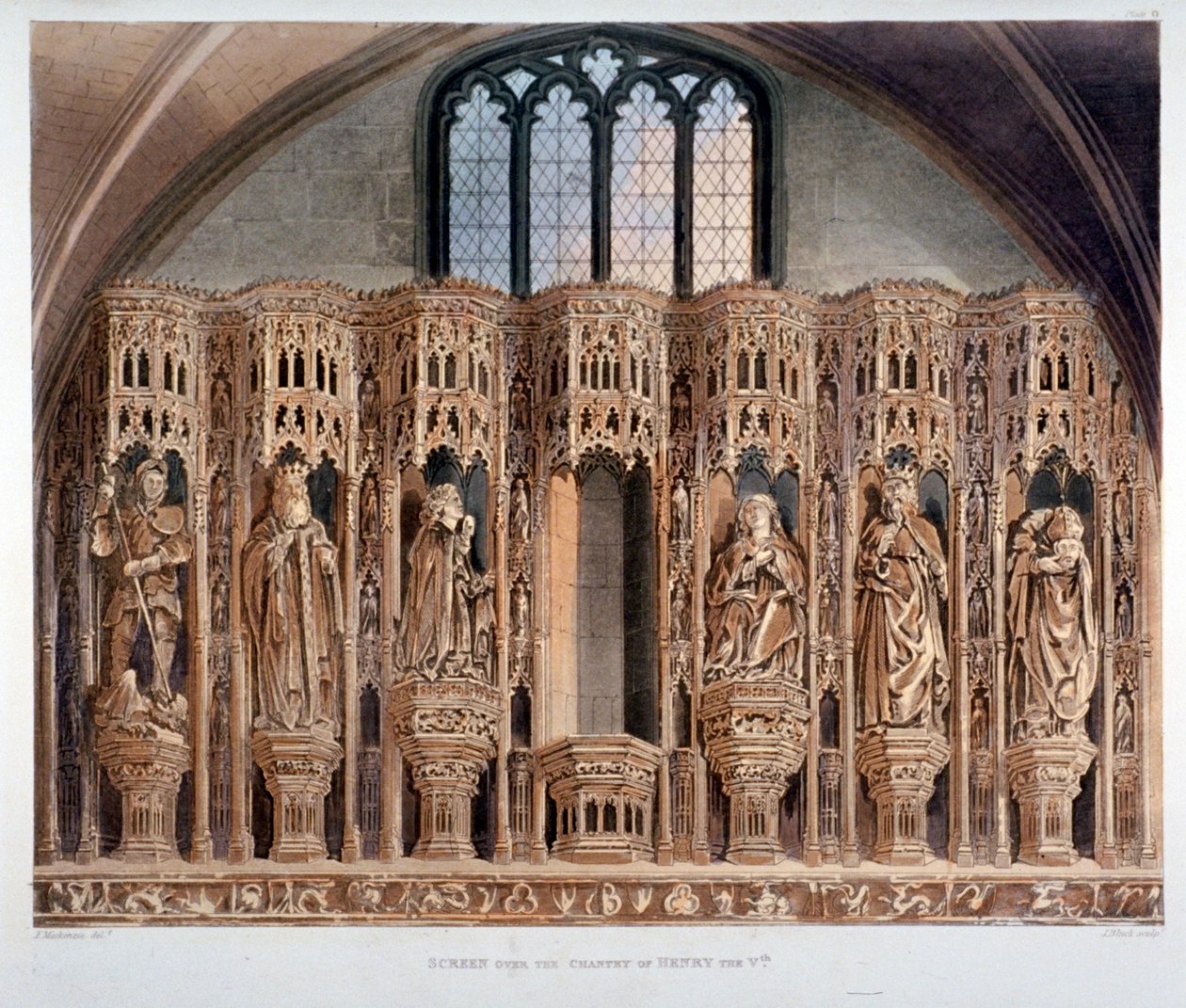 Tela sobre a capela de Henrique V, Abadia de Westminster, Londres, 1811 de J Bluck
