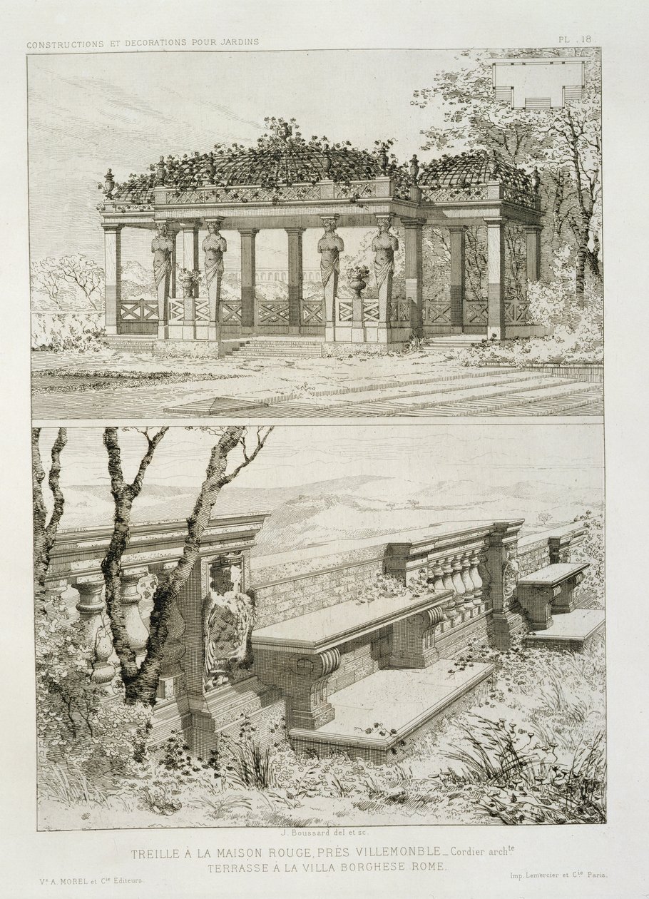 Pergola de La Maison Rouge perto de Villemomble, projetada por Cordier e terraço da Villa Borghese, Roma, c.1880 de J. Boussard