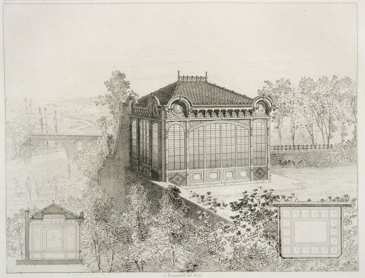Planos e elevação de um pavilhão de jardim, c.1880 de J. Boussard