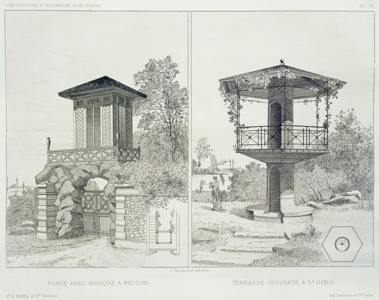 Portal com quiosque, Meudon, e terraço coberto, St. Denis, de um volume de desenhos de vários arquitectos, pub. Morel & Cie, Paris, c.1880 (gravura) de J. Boussard