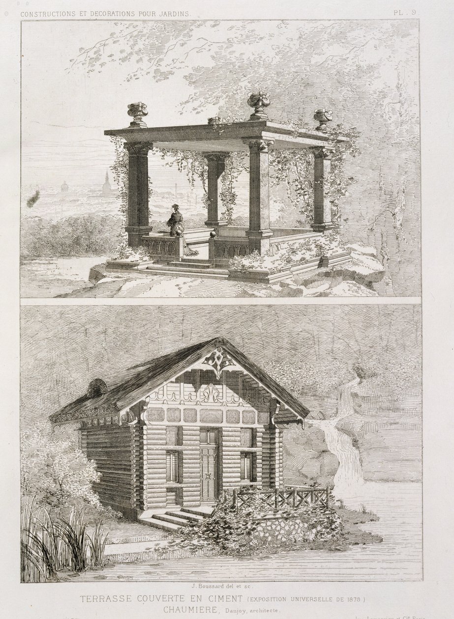 Terraço coberto de cimento e pavilhão desenhado por Danjoy, c.1880 de J. Boussard