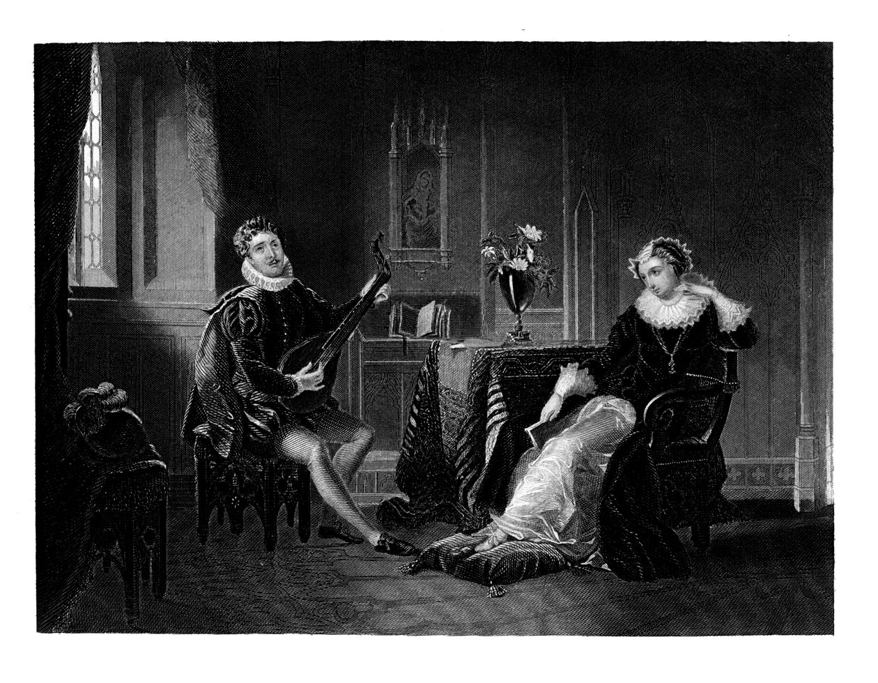 Chatelar Tocando alaúde de Maria, Rainha da Escócia, 1560, 1860 de J. C. Armytage