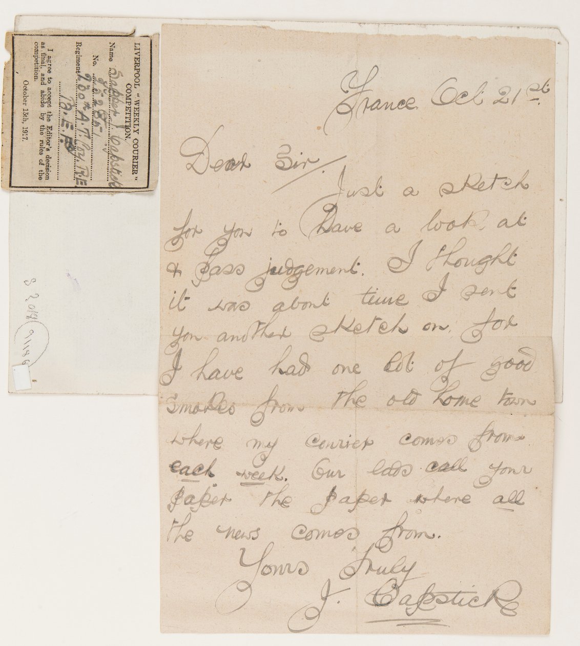 Carta ao editor do Liverpool Weekly Courier, 21 de outubro de 1917 de J. Capstick