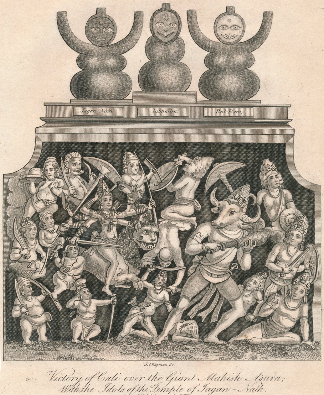 Vitória de Cali sobre o gigante Mahish Asura, com os ídolos do templo de Jagan-Nath, 1809. de J. Chapman