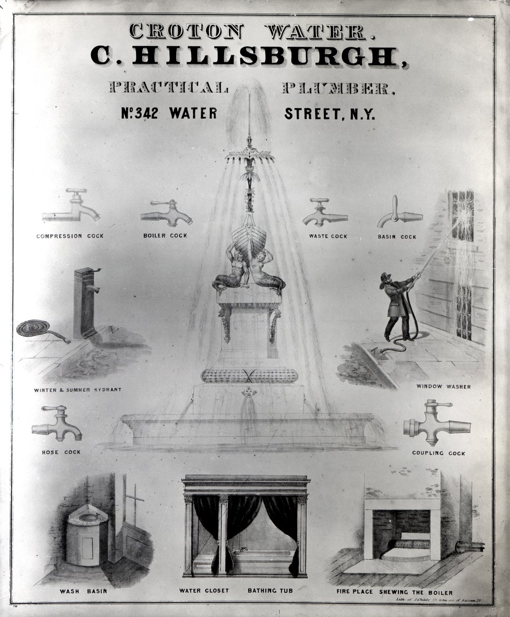 Água Croton. C. Hillsburgh, encanador prático, não. 342 Water Street, Nova York, 1840 de J. Childs