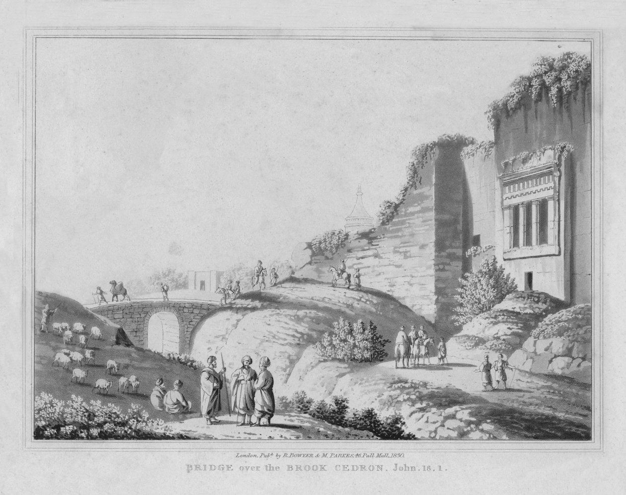 Ponte sobre o Brook Cedron. João, 18.1, 1830 de J. Clarke