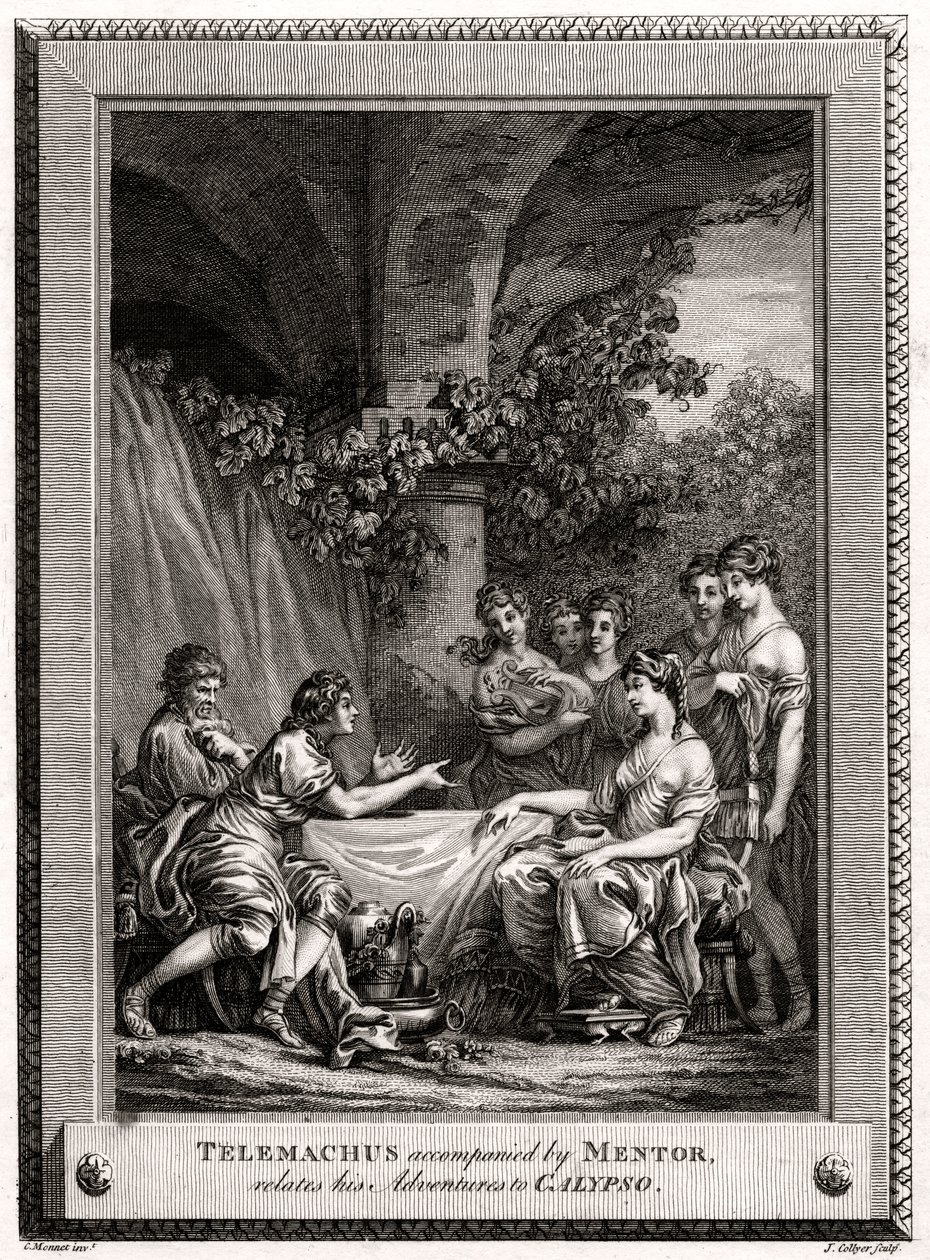 Telêmaco acompanhado por Mentor, relata suas aventuras a Calypso, 1774 de J. Collyer