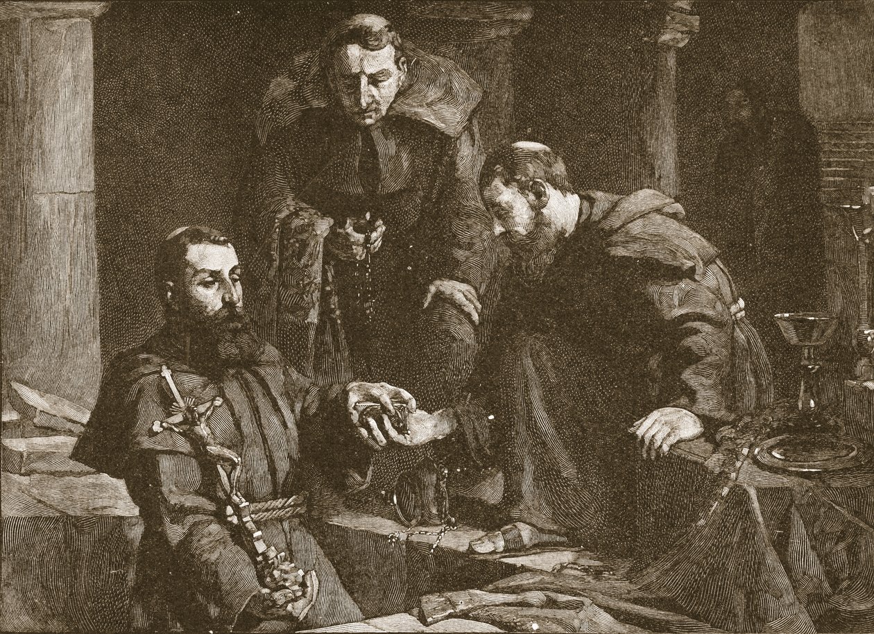 Escondendo o tesouro na supressão de um mosteiro, ilustração da Igreja da Inglaterra: Uma História para o Povo por HDM Spence-Jones, pub. c.1910 foto em sépia de J. Cooke