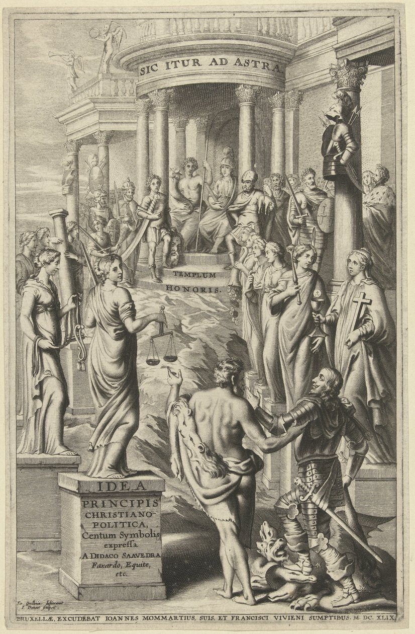 Hércules leva o homem a personificações de virtudes passadas a templo para glória eterna
Página de título para: Idea principis christiano-politica, Centum Symbolis express, Bruxelas 1649 de J. Danoot