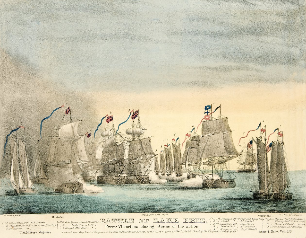 Batalha do Lago Erie. Perry Victorious cena de encerramento da Action da revista Army and Navy Magazine, pub. 1840 (gravura colorida) de J. Evans