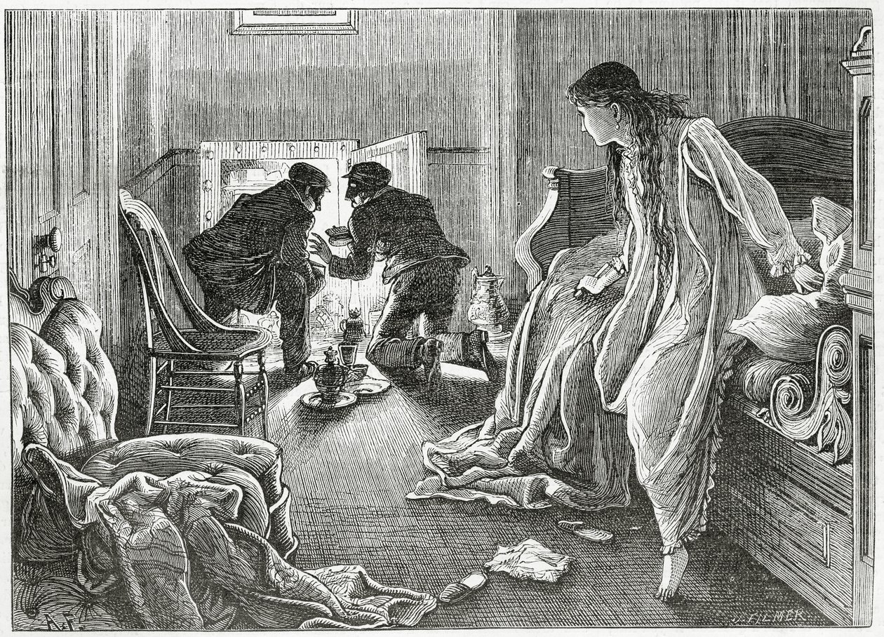 Levantei minha mão com muita suavidade e tirei a adaga de debaixo do travesseiro, ilustração de uma história policial de suspense &39;a história de uma cicatriz&39;, de &39;Appleton&39;s Journal&39;, 23 de março de 1872. de J. Filmer