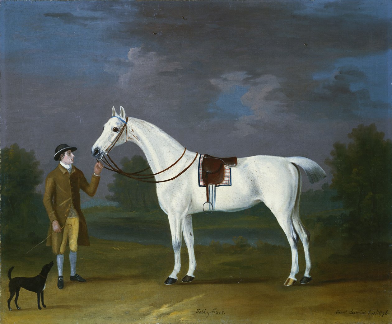 Tabby Runt ", um caçador cinza com seu dono e um terrier em uma paisagem fluvial, 1776 de J. Francis Sartorius