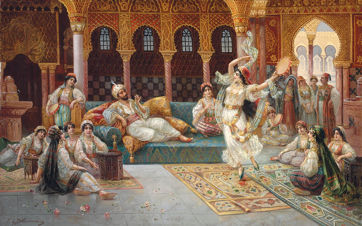 Uma dança de harém (óleo sobre tela colocado a bordo) de J. G. Delincourt