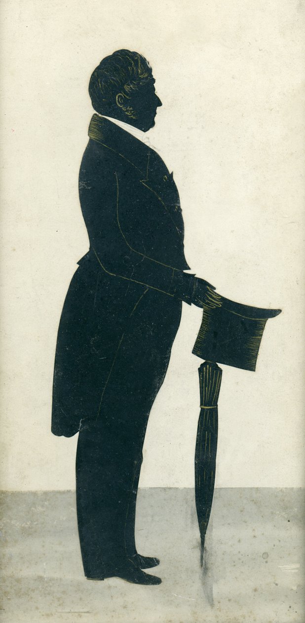 Silueta, de, um, homem, com, um, chapéu superior, casaco frock, e, guarda-chuva de J. Gapp