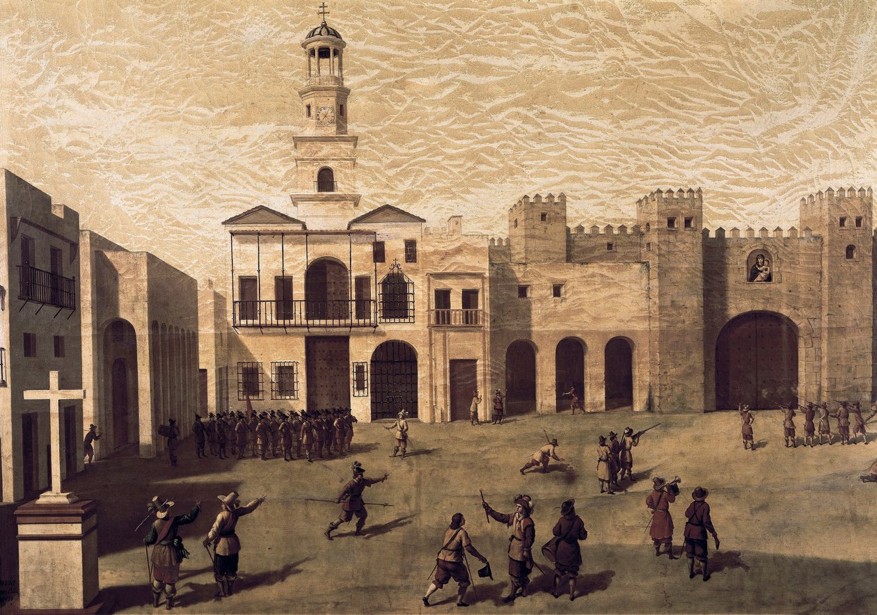 Vista da Praça San Juan de Dios (São João de Deus) e da Prefeitura de Cádiz, em 1596. Pintura de J.Garcia (16º). Óleo sobre tela de J. Garcia