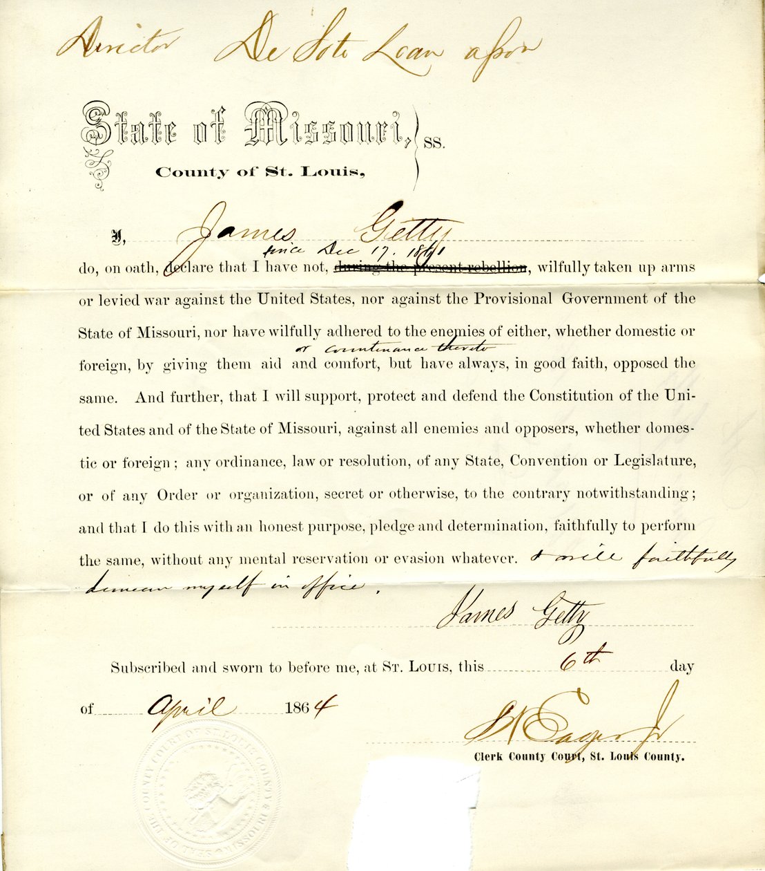 Juramento de lealdade de James Getty do Missouri, Condado de St. Louis de J. Getty