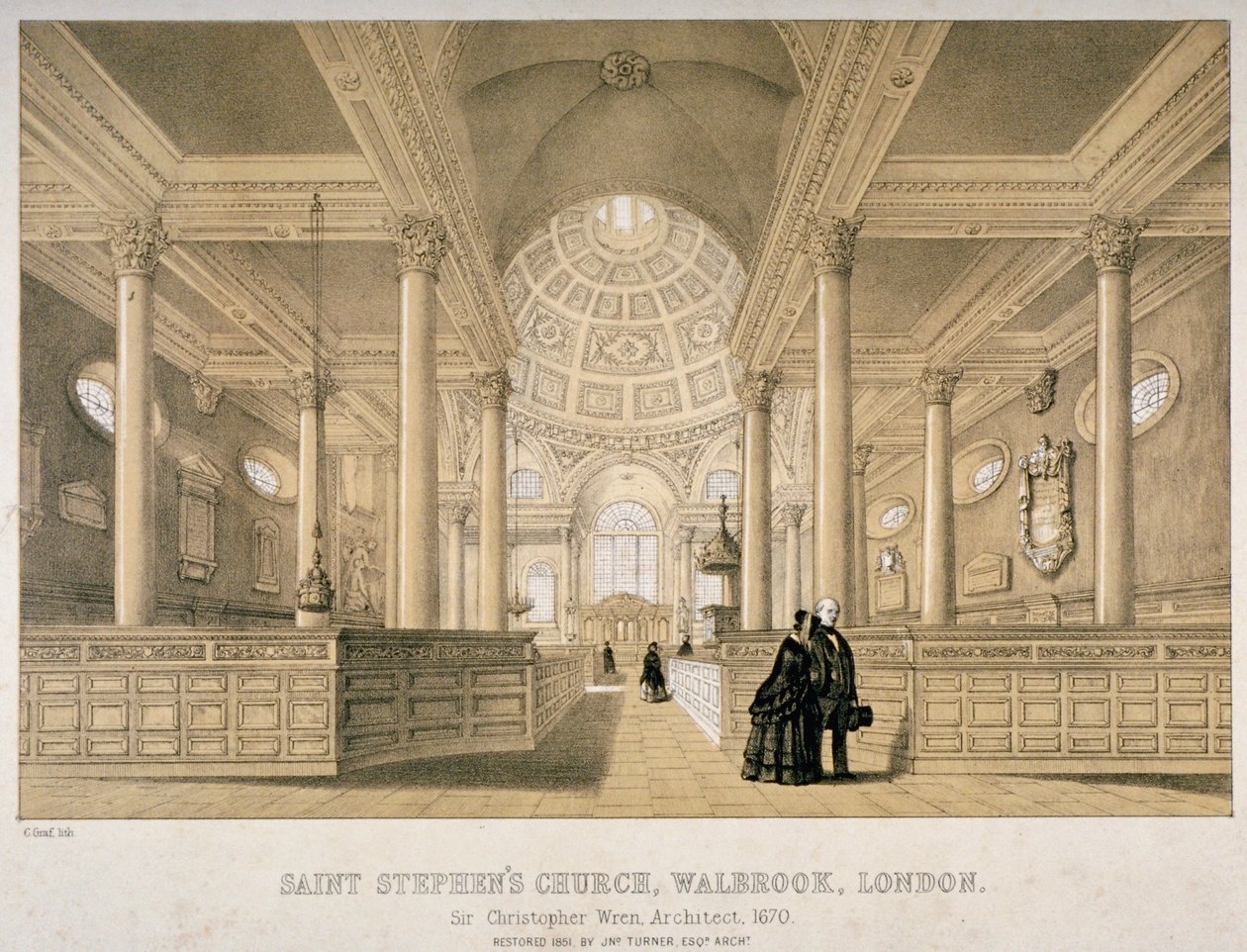 Vista interior olhando para o leste, Igreja de St Stephen Walbrook, Cidade de Londres, 1851 de J Graf