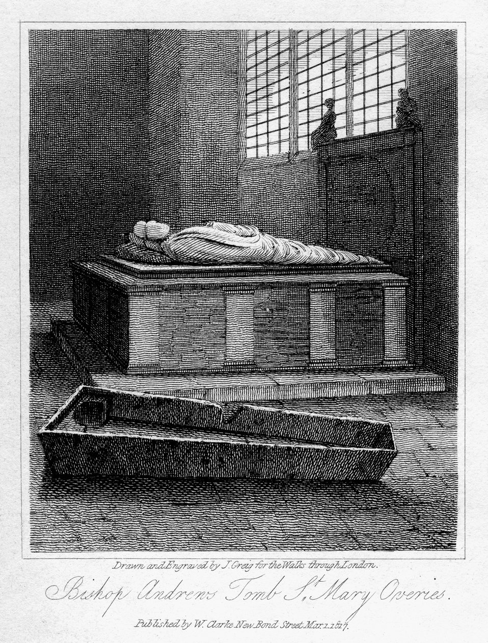 Túmulo do bispo Andrews, St Mary Overies Church, Southwark, Londres, 1817. de J. Greig