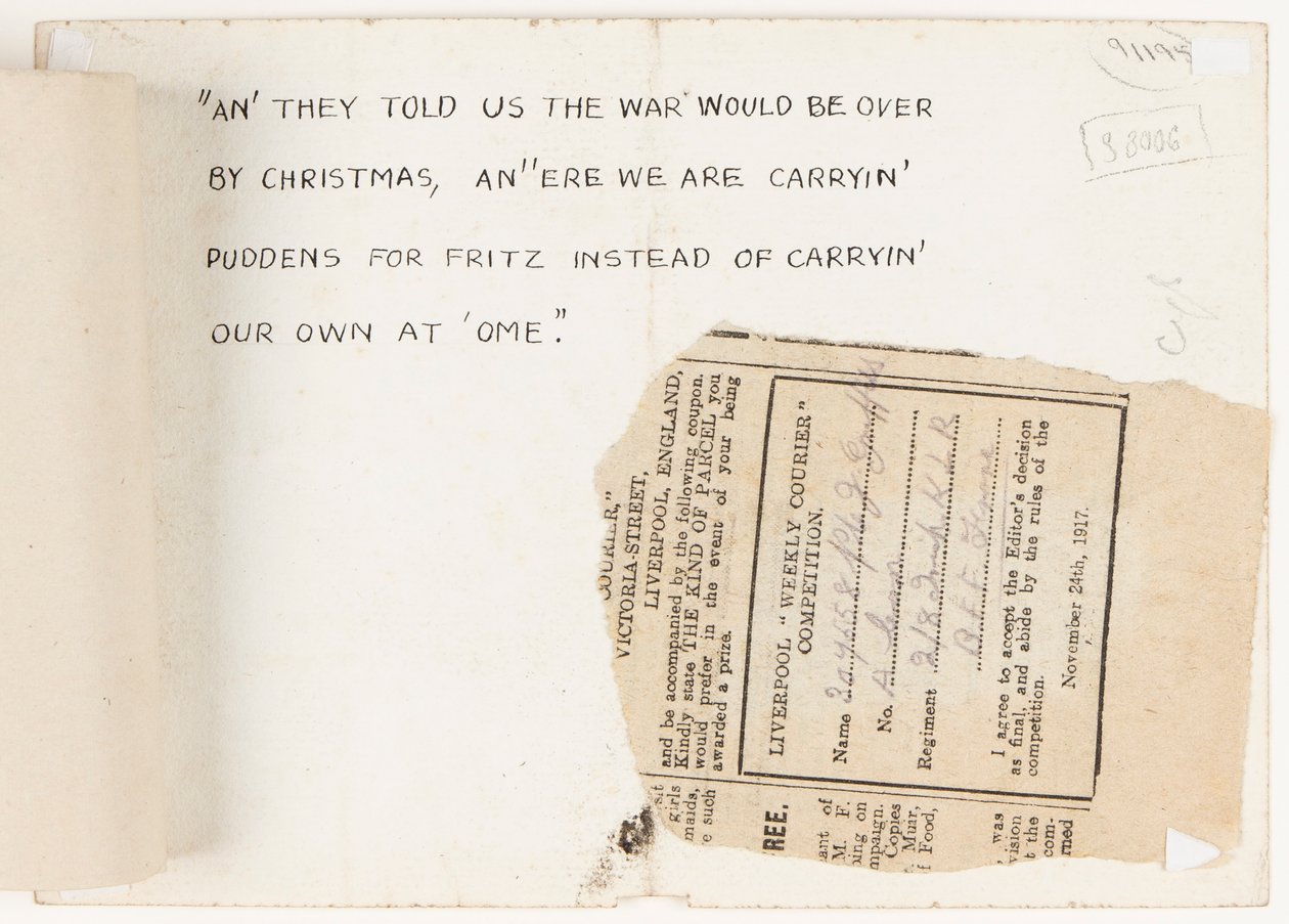 Carta ao editor de competição do Liverpool Weekly Courier, 1917 de J. Griffiths