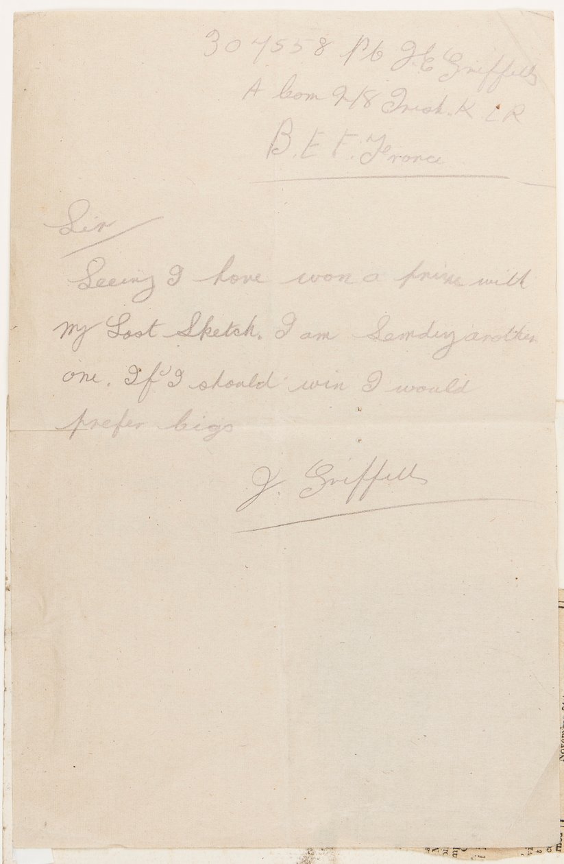 Carta ao editor de competição do Liverpool Weekly Courier, 1917 de J. Griffiths