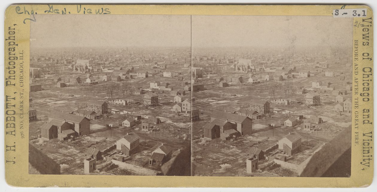 Estereografia da vista northnorthwest da Torre da Água após o incêndio de Chicago de 1871, 1871 (foto bw no cartão de montagem) de J. H. Abbott
