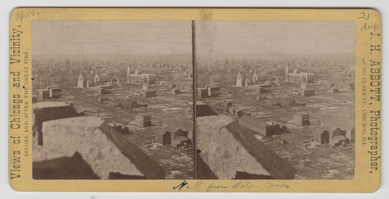 Estereógrafo de vista a noroeste da Torre da Água após o incêndio de Chicago de 1871 de J. H. Abbott