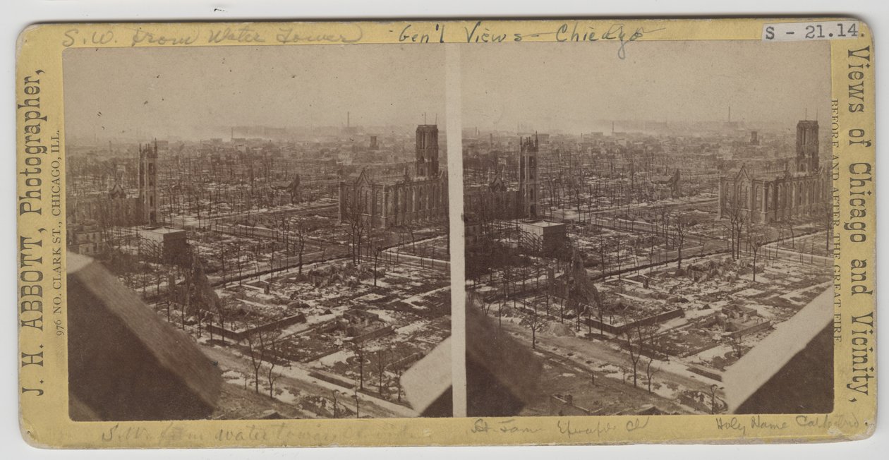 Estereografia do sudoeste da vista da torre da água após o fogo de Chicago de 1871 de J. H. Abbott