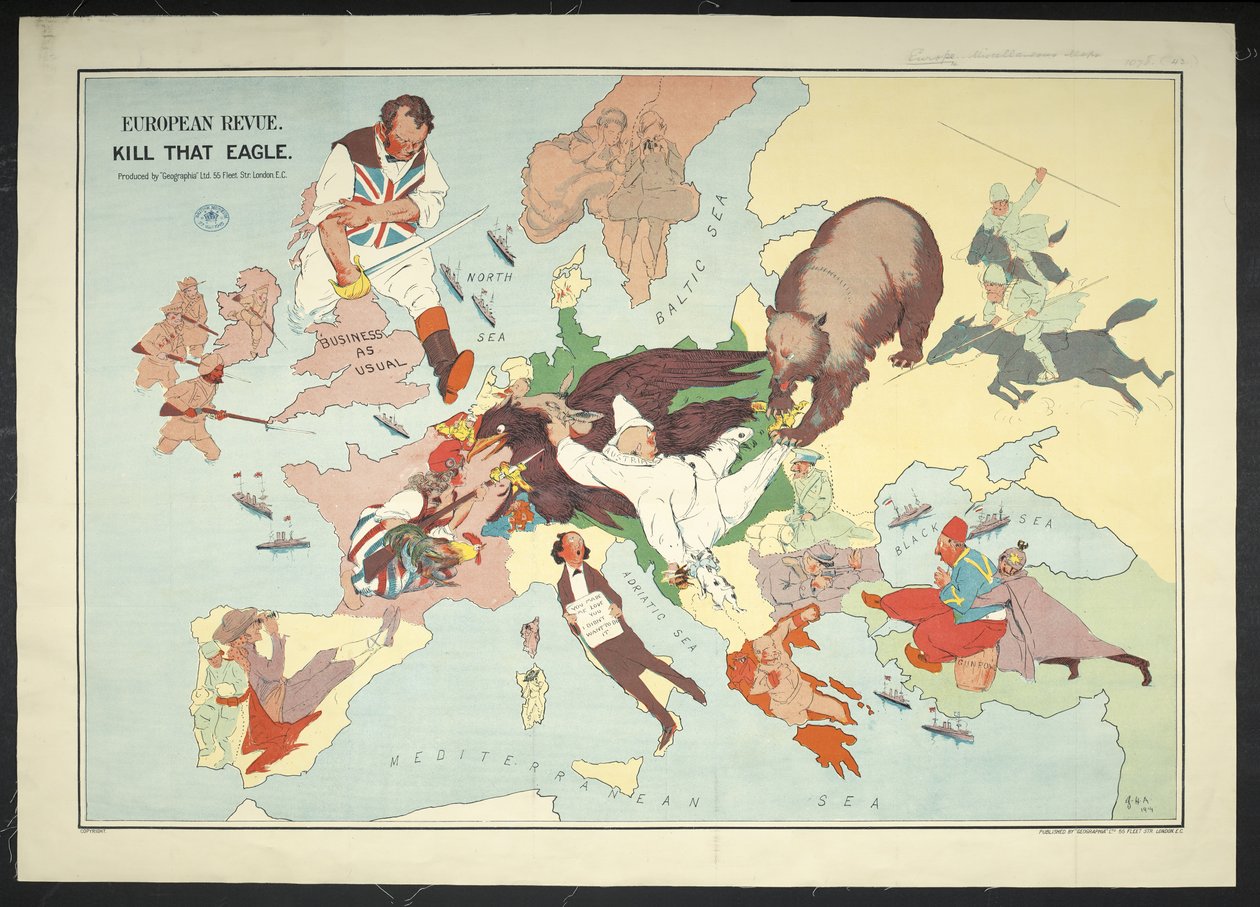 Mapa dos desenhos animados da Área de Guerra Europeia intitulado 