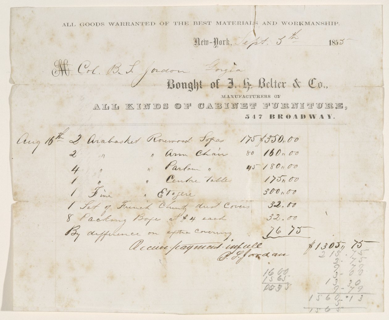 Bill of Sale para o Coronel BS Jordan, 5 de setembro de 1855 (tinta no papel) de J. H. Belter and Co. J. H. Belter and Co.