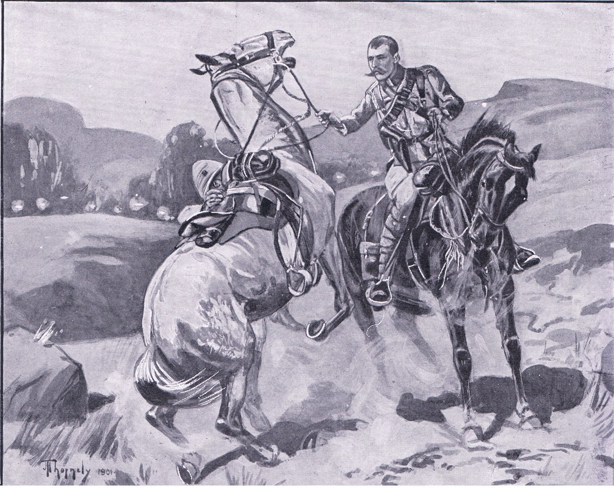 Major, marrom, 14º, hussars, segurando, liet, cavalo browns, sob, fogo pesado, ilustração, de, após, pretória, :, a, guerrilha, guerra, 1902 de J. H. Thorneley