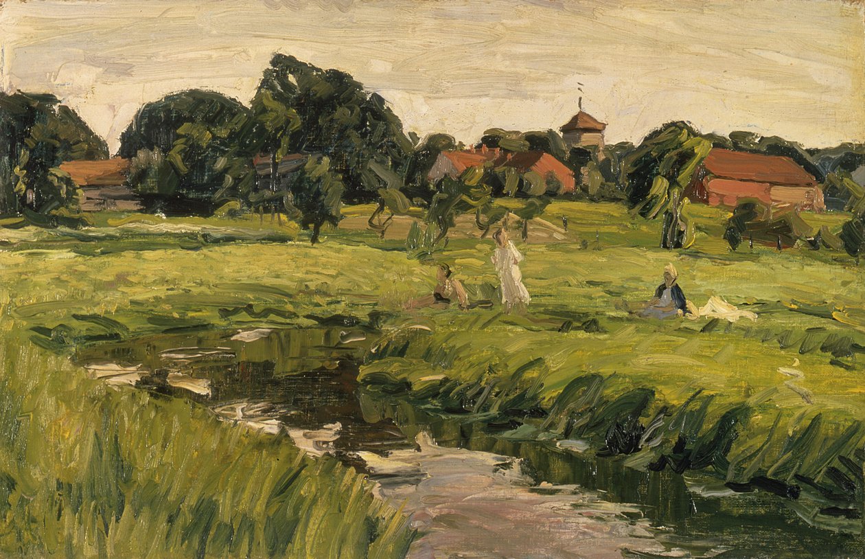 Crianças à beira do riacho (óleo sobre tela) de J. Hansch