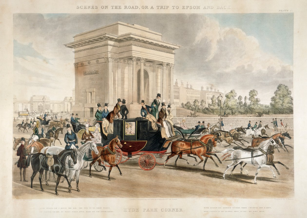 Carruagens puxadas por cavalos ao longo do Hyde Park Corner, Londres, 1838 de J Harris
