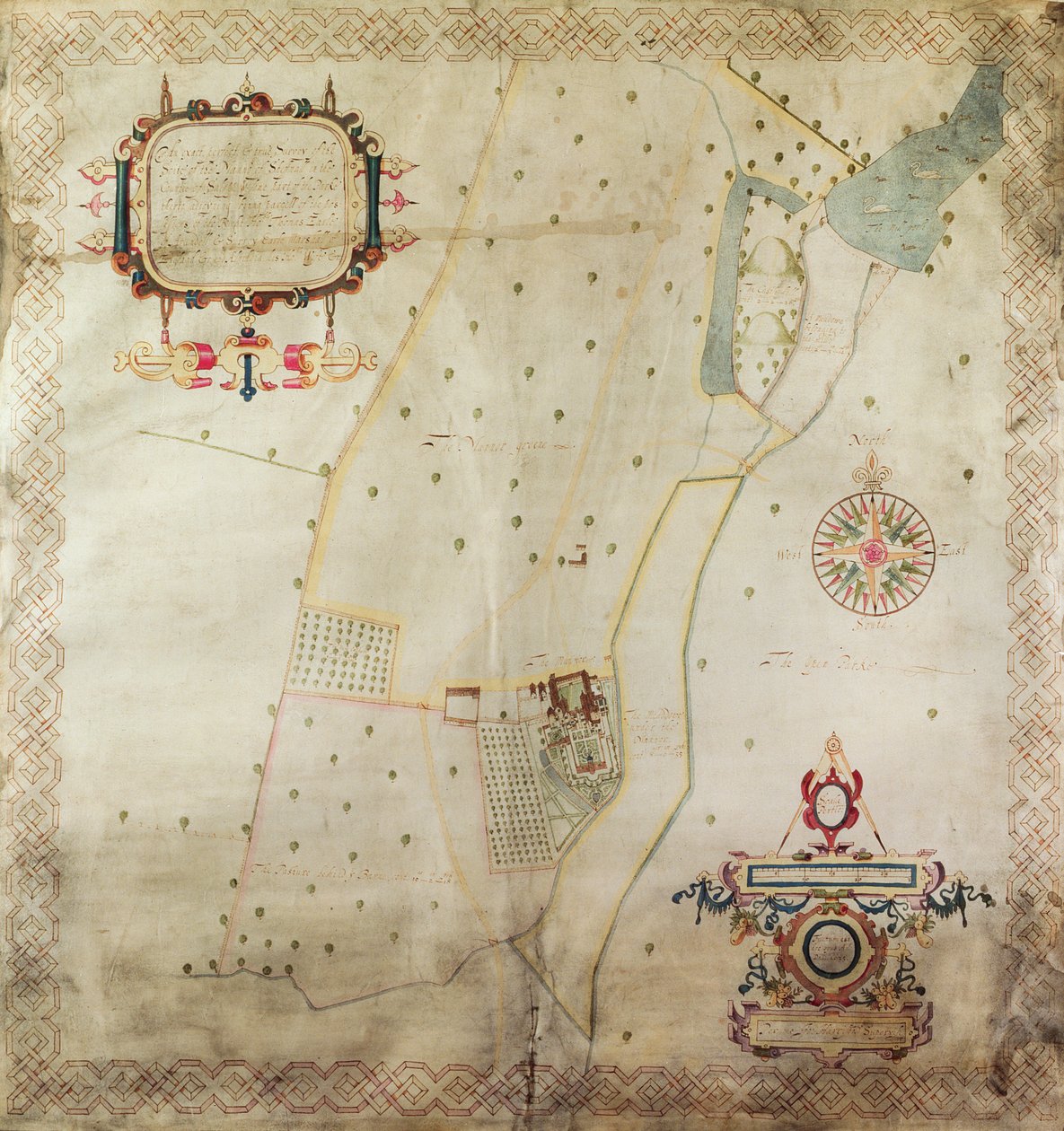 Mapa da Mansão de Shifnal, Shropshire, 1635 (tinta e cor sobre velino) de J. Harrison