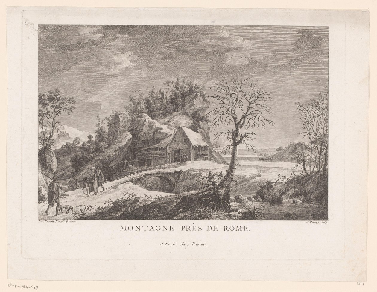 Vista de uma casa perto de uma ponte com figuras Montagne près de Rome (título no objeto) de J. Hémery