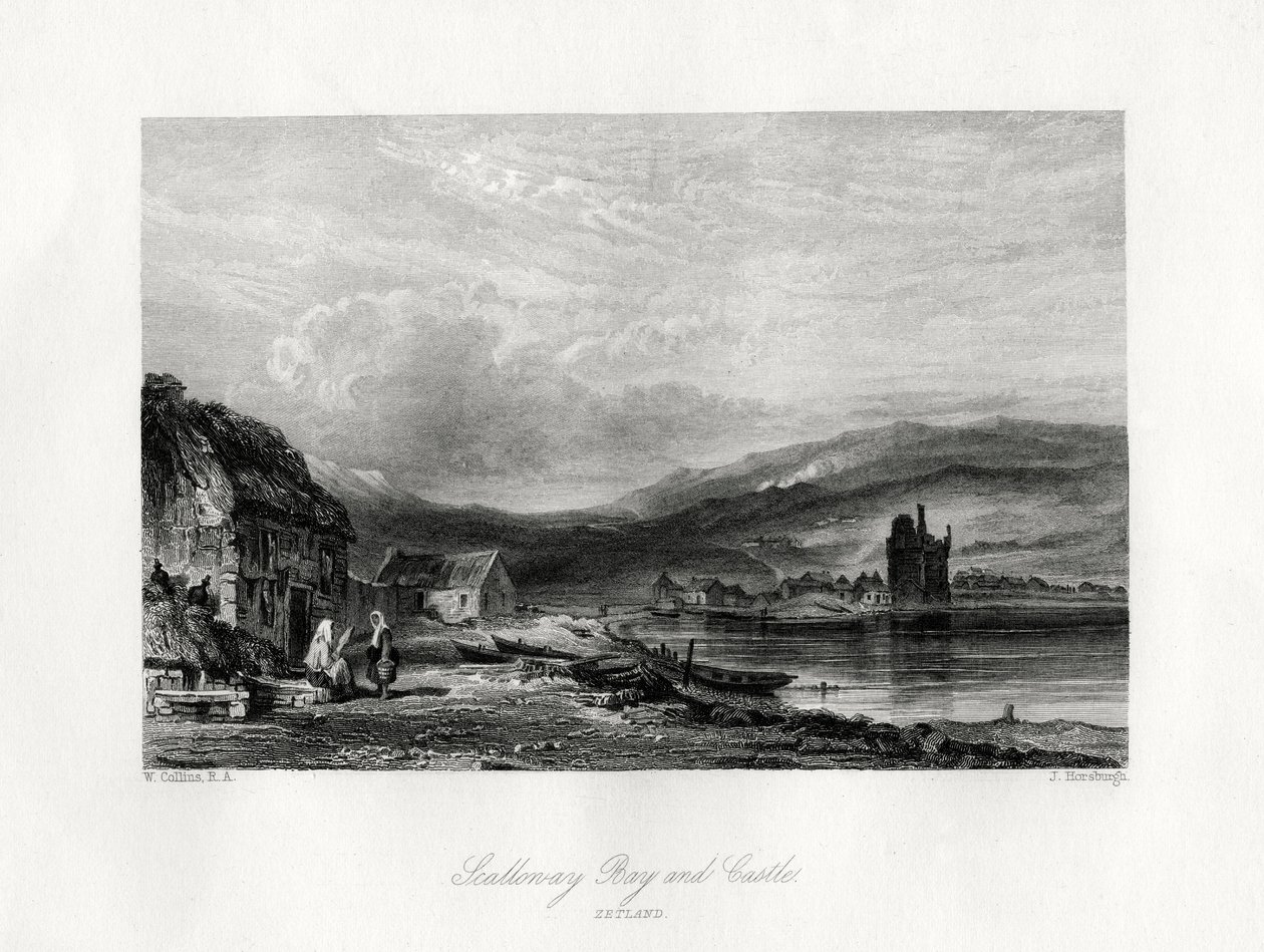 Scalloway Bay e castelo, Zetland, século XIX de J. Horsburgh
