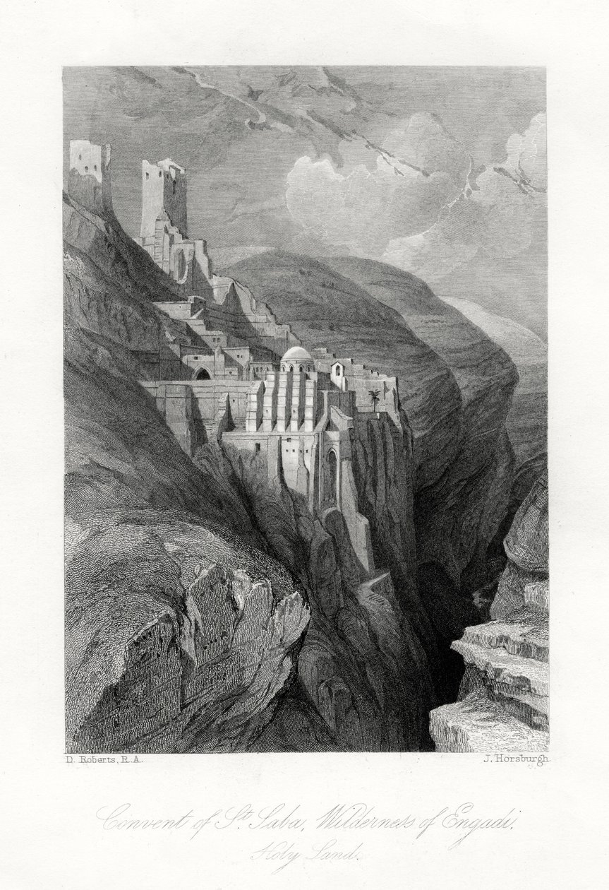 O convento de St Saba, região selvagem de Engadi, Terra Santa, século XIX. de J. Horsburgh