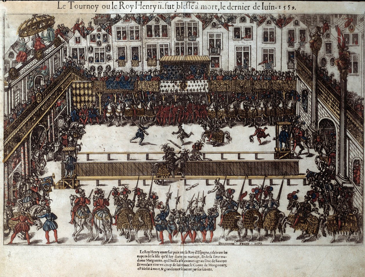Torneio e morte de Henrique II (30 de junho de 1559): no casamento de sua filha (no atual lugar des vosges) ele lutou contra Gabriel de Montgomery, capitão de sua guarda escocesa, que o feriu com uma lança no olho. Gravura do século XVI por Pe de J. J. and Tortorel J. (fl.1568 92) Perrissin