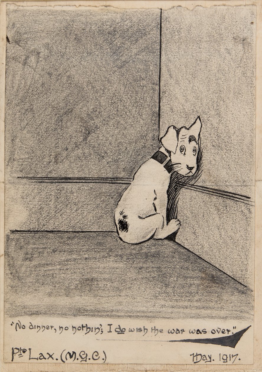 Sem jantar, sem nada, eu gostaria que a guerra acabasse, 1917 (lápis, caneta e tinta no papel) de J. Lax