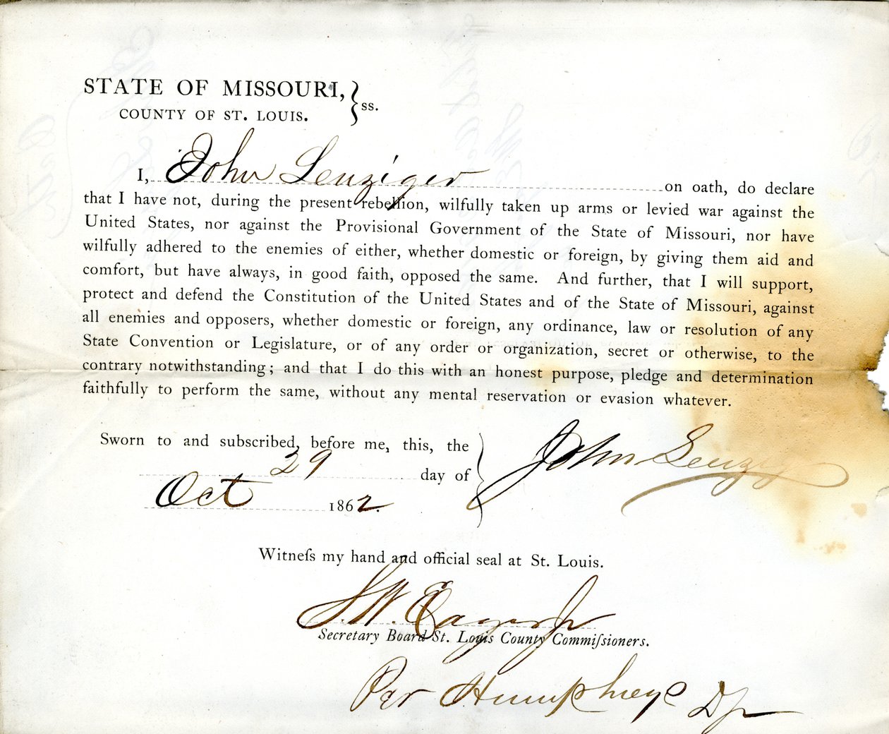 Juramento de lealdade de John Leuziger do Missouri, Condado de St.Louis de J. Leuziger