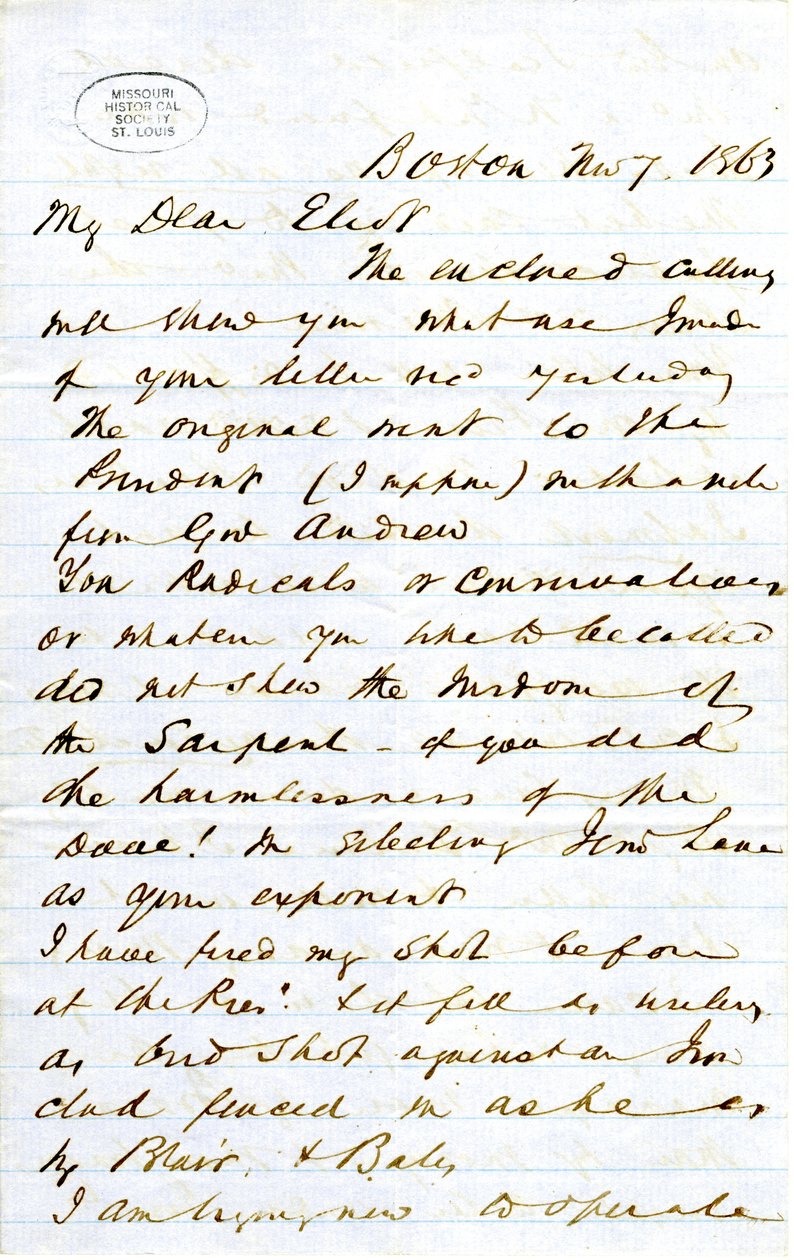 Carta assinada J.M.F. [J.M. Forbes], Boston, para Eliot [William G. Eliot], 7 de Novembro de 1863 de J. M. Forbes
