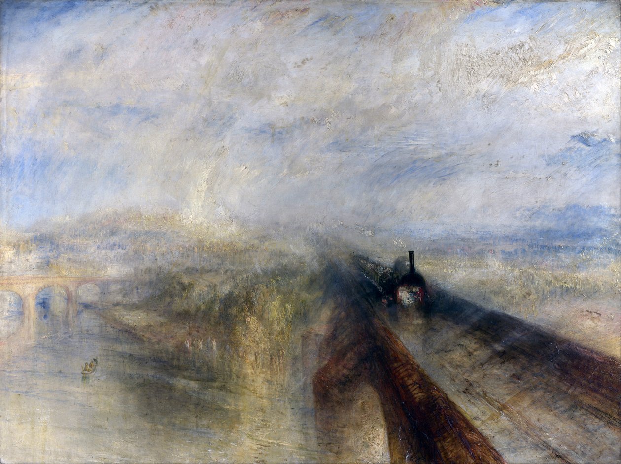 Chuva, Vapor e Velocidade - The Great Western Railway; a pintura retrata uma locomotiva antiga da Great Western Railway cruzando o rio Tâmisa na recém-concluída Maidenhead Railway Bridge de Brunel. A pintura também é creditada por permitir um vislumbre de Joseph Mallord William Turner