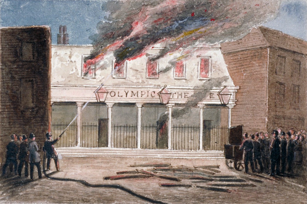 Incêndio no Teatro Olímpico, Wych Street, Westminster, Londres, 1849 de J Maund