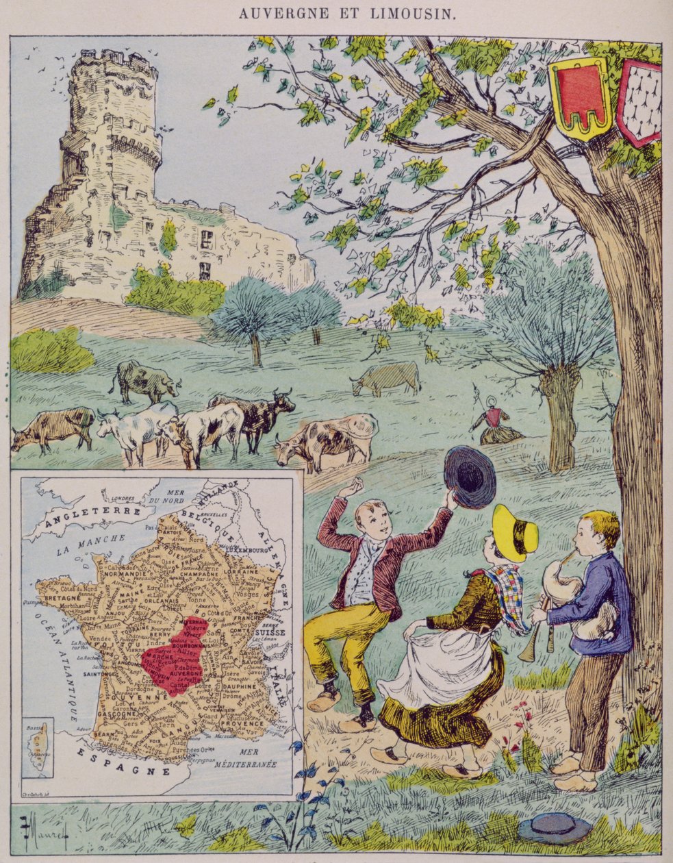 Auvérnia e Limousin, ilustração para o Tour de France por Marie de Grandmaison, 1893 de J. Maurel