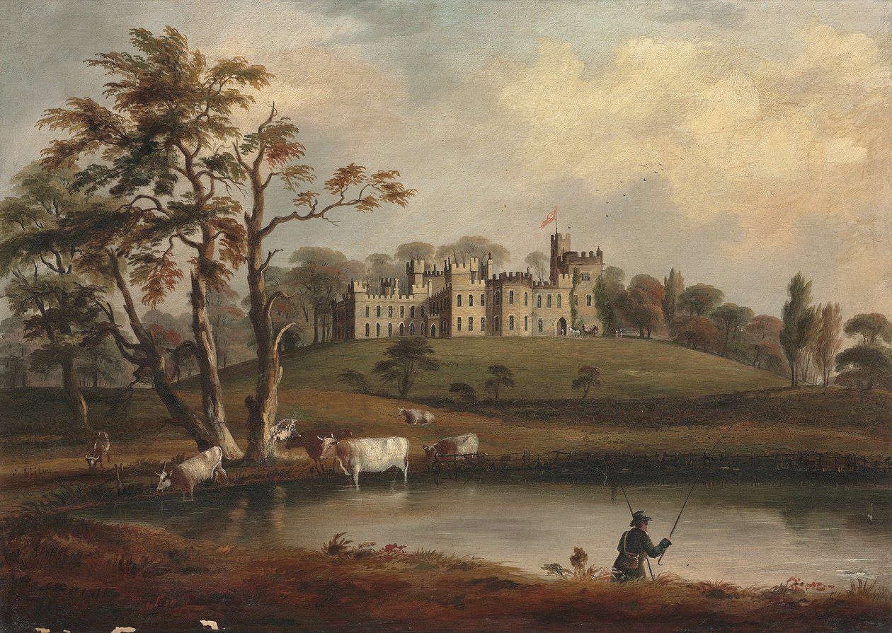 Uma vista do castelo de Hornby, Yorkshire, com um pescador e gado nas margens do rio Wenning de J. Miller