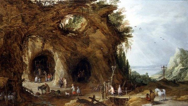 Peregrinos em um Santuário em uma paisagem montanhosa (óleo sobre painel) de J. and Momper J. de Brueghel