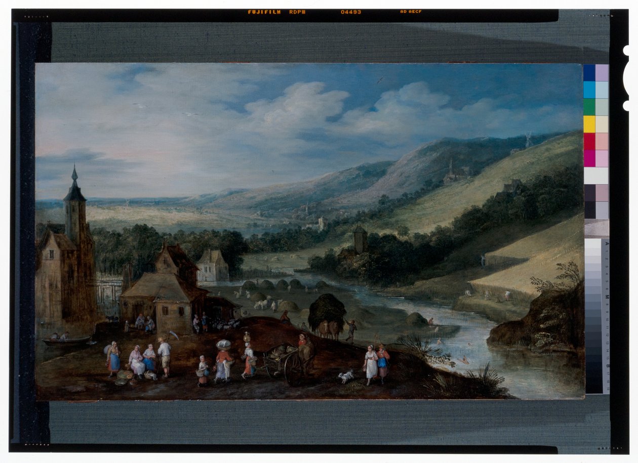 Uma extensa paisagem fluvial com camponeses a recolher as colheitas de J. & Momper J. de (1564 1635) Brueghel