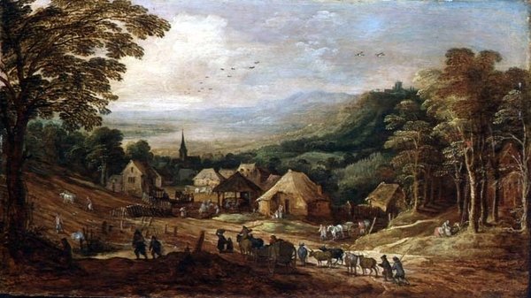 Paisagem de Outono com Camponeses de J. and Momper J. de Brueghel