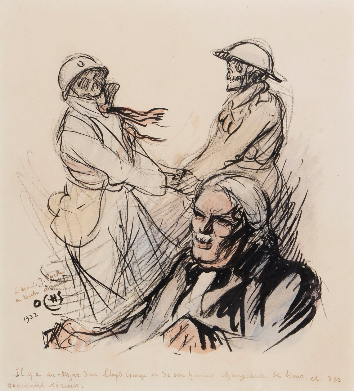 Lloyd George ainda tocando les lieus et les souvenires serieux da Primeira Guerra Mundial em 1922, 1922 (caneta, pincel, tinta e wc no papel) de J. Ochs